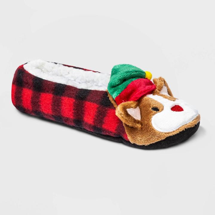 Women's Corgi Buffalo Check Plaid Pull-on Slipper Socks With Grippers - Wondershop Red/black