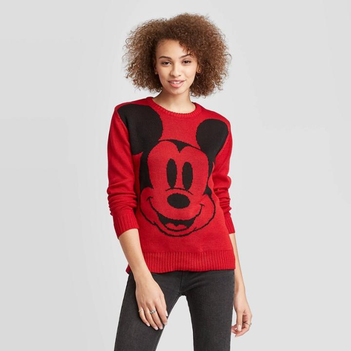 Women's Disney Mickey Face Pullover Sweater (juniors') - Red