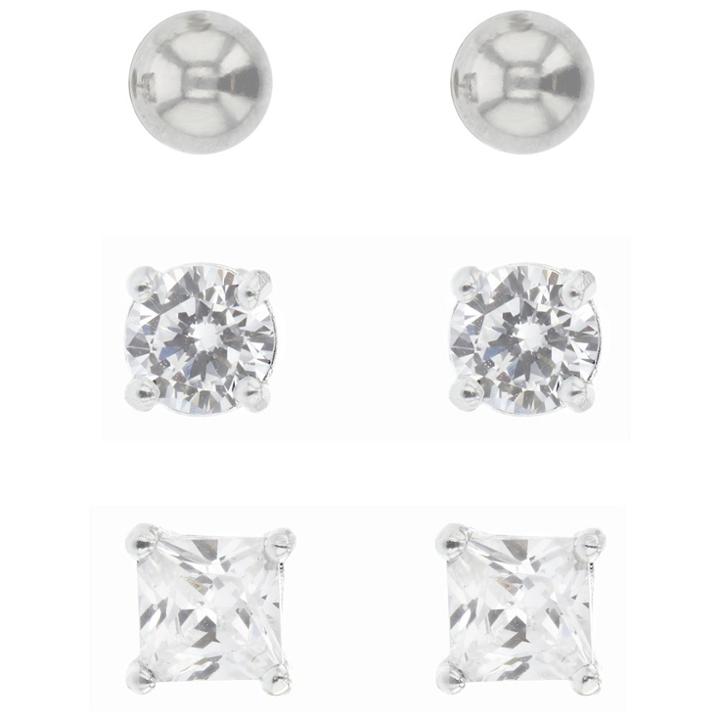 Target Button Earrings Sterling Ball Round And Square - 3pk -
