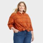 Women's Plus Size Plaid Long Sleeve Button-down Flannel Tunic Top - Ava & Viv Rust X, Red