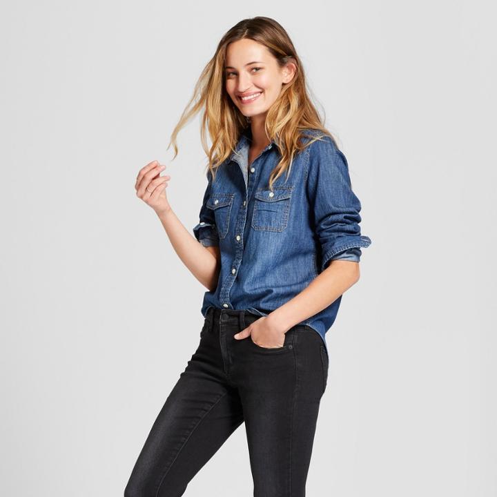 Women's Labette Denim Shirt Long Sleeve Button-down Shirt - Universal Thread Dark Wash