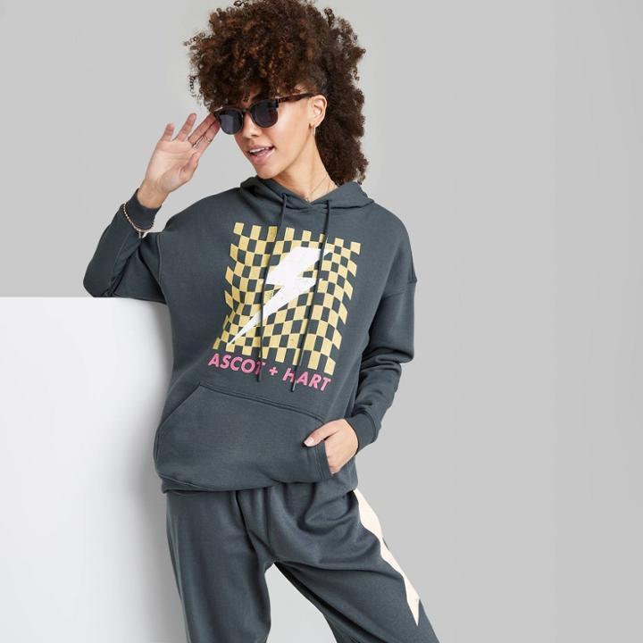 Women's Ascot + Hart Lighting Bolt Hooded Graphic Sweatshirt - Gray