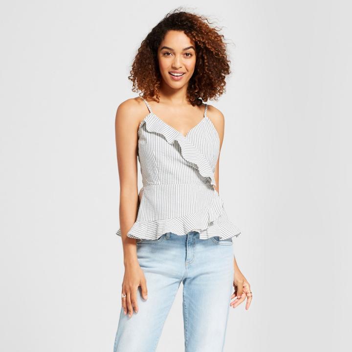 Women's Striped Sleeveless Ruffle Wrap Tank - A New Day Blue