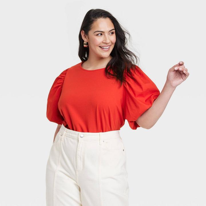 Women's Plus Size Puff Short Sleeve T-shirt - A New Day Red