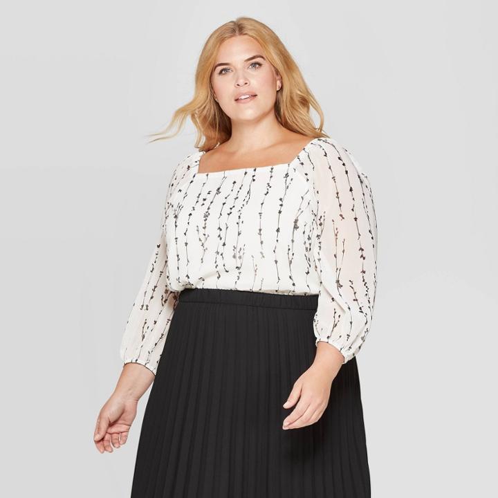 Women's Plus Size Floral Print Long Sleeve Square Neck Blouse - Ava & Viv Cream/black 4x, Black/white