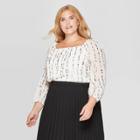 Women's Plus Size Floral Print Long Sleeve Square Neck Blouse - Ava & Viv Cream/black 4x, Black/white