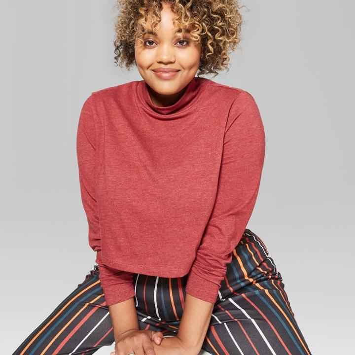 Women's Plus Size Long Sleeve Mock Neck Boxy T-shirt - Wild Fable Red2x,