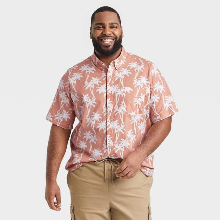 Men's Tall Printed Standard Fit Short Sleeve Button-down Shirt - Goodfellow & Co Peach Orange/tree