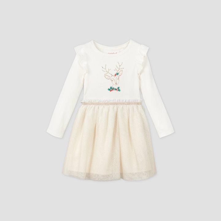 Toddler Girls' Floral Deer Tulle Long Sleeve Dress - Cat & Jack Cream