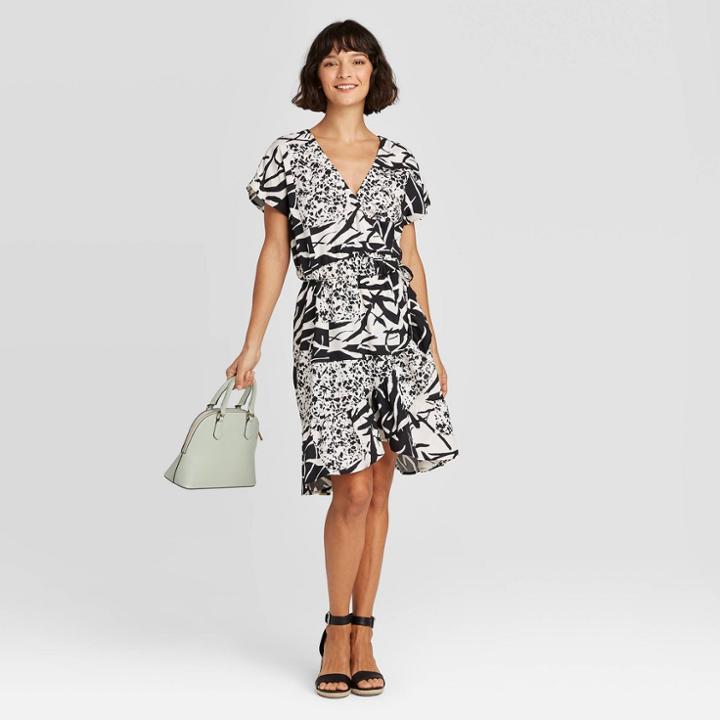 Women's Printed Ruffle Short Sleeve Wrap Dress - A New Day Black