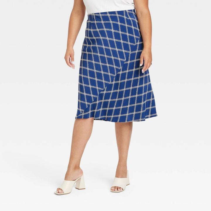 Women's Plus Size Bias Midi Skirt - Ava & Viv Blue Plaid X