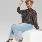 Women's Plus Size Floral Long Sleeve Cropped Button-down Shirt - Wild Fable Black