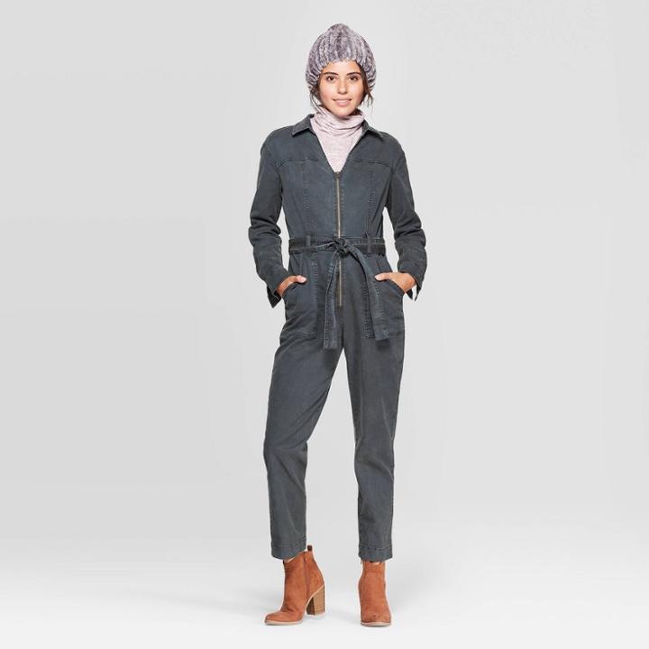 Women's Long Sleeve Tie Front Wide Leg Jumpsuit - Universal Thread Pine 12, Women's, Green