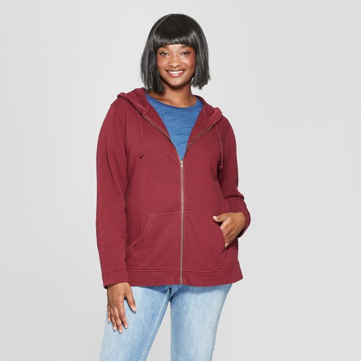 Women's Plus Size Long Sleeve Zip-up Hoodie Sweatshirt - Universal Thread Burgundy (red)