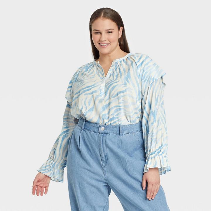Women's Plus Size Ruffle Long Sleeve Blouse - Who What Wear Blue Zebra