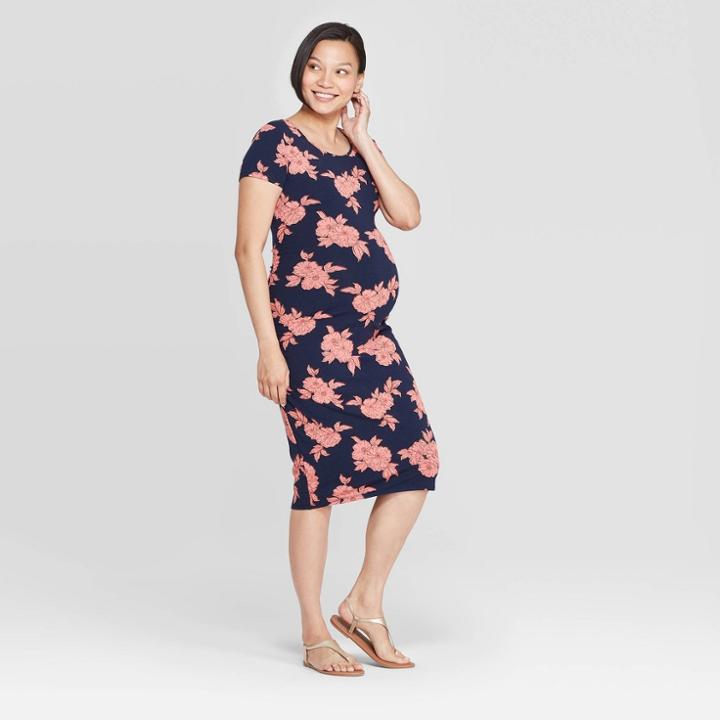 Maternity Floral Print Short Sleeve Scoop Neck Shirred T-shirt Dress - Isabel Maternity By Ingrid & Isabel Navy M, Women's, Blue