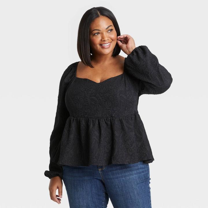 Women's Plus Size Long Sleeve Sweetheart Peplum Top - Ava & Viv Black X