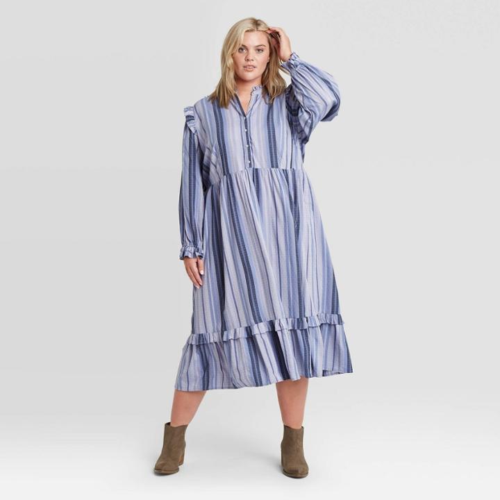 Women's Plus Size Striped Balloon Long Sleeve Ruffle Dress - Universal Thread Blue