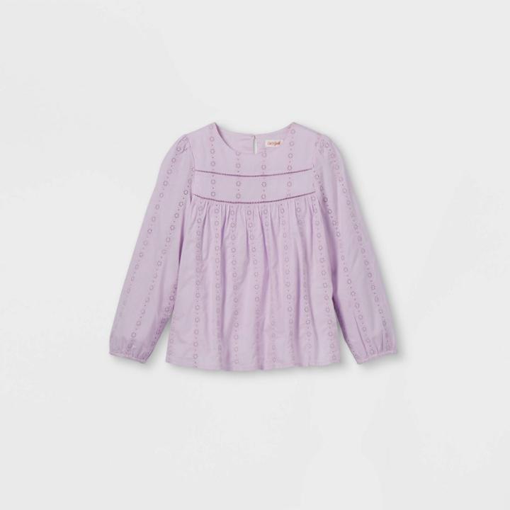 Girls' Embroidered Long Sleeve Woven Top - Cat & Jack Light Purple