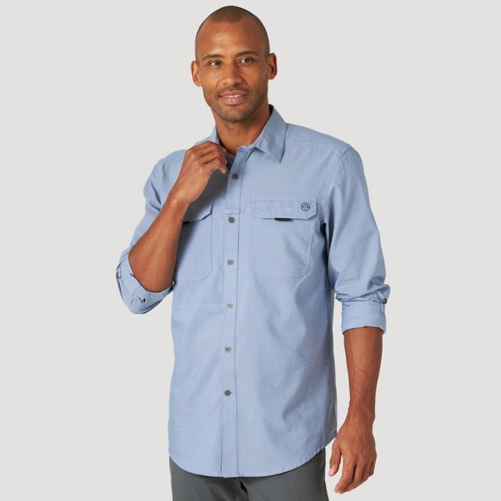 Wrangler Men's Atg Long Sleeve Button-down Shirt - Vintage Indigo S, Vintage Blue