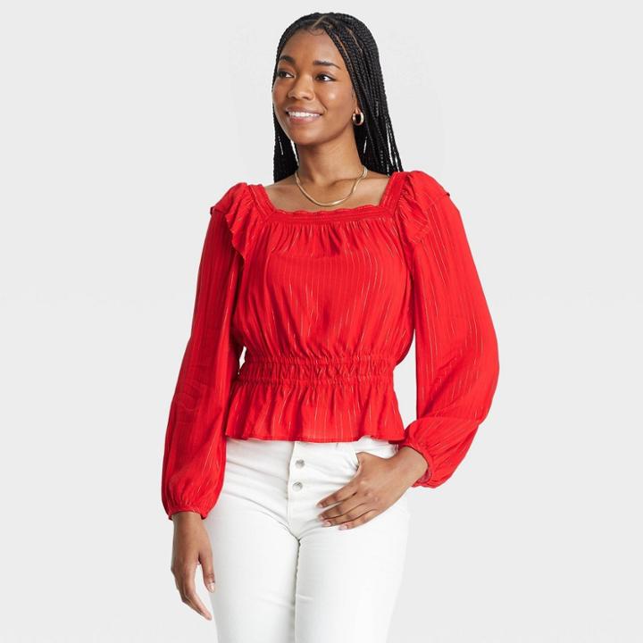 Women's Balloon Long Sleeve Peplum Blouse - Universal Thread Red