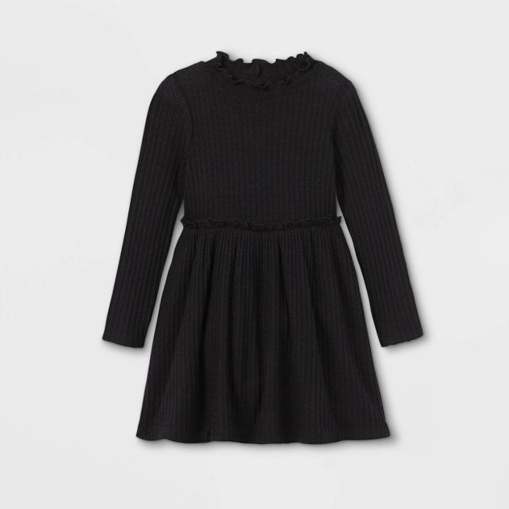 Toddler Girls' Mock Neck Cozy Waffle Long Sleeve Dress - Art Class Black