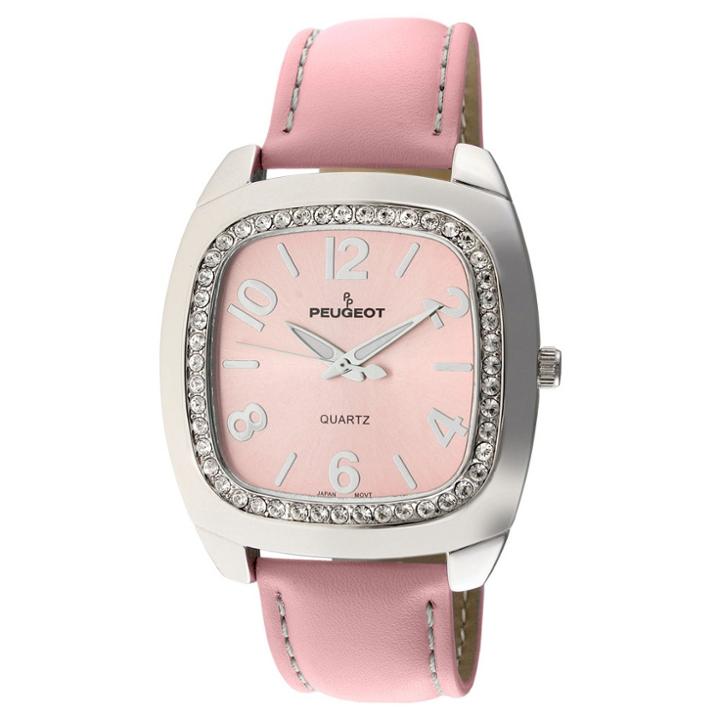 Peugeot Watches Women's Peugeot Crystal Accented Boyfriend Leather Strap Watch - Silver/pink,