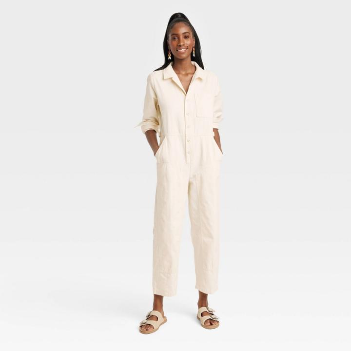 Women's Long Sleeve Button-front Boilersuit - Universal Thread Cream