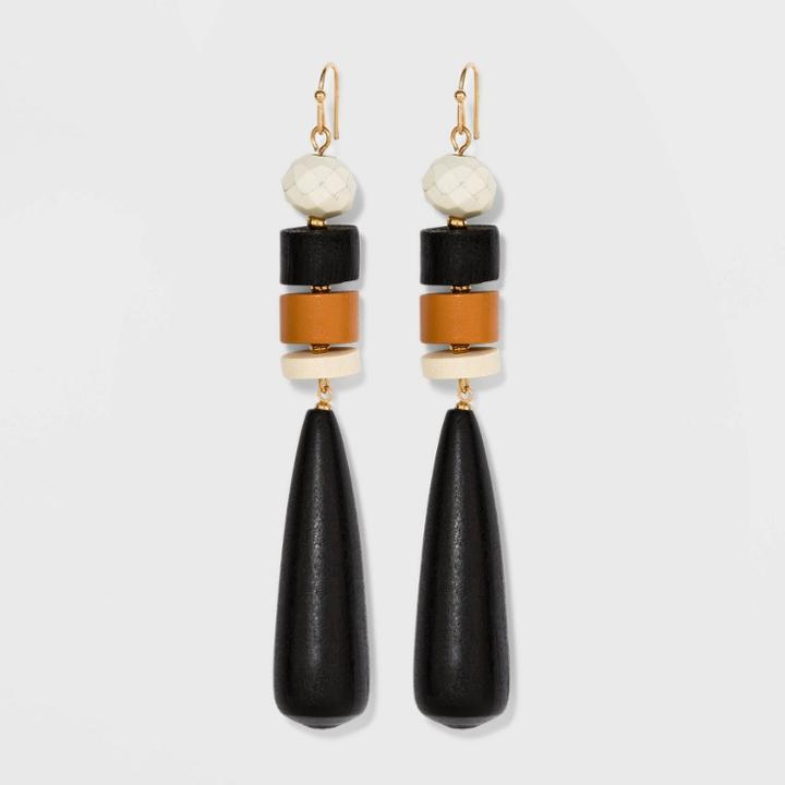Mixed Wood Beaded Teardrop Linear Earrings - A New Day Black