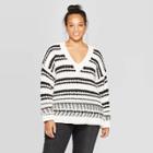 Women's Plus Size Striped Long Sleeve V-neck Cable Chenille Pullover Sweater - Universal Thread Black/white X, Women's