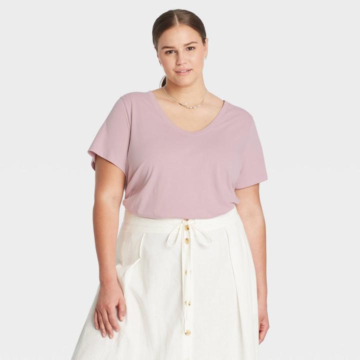 Women's Plus Size Short Sleeve V-neck Voop T-shirt - A New Day Lilac