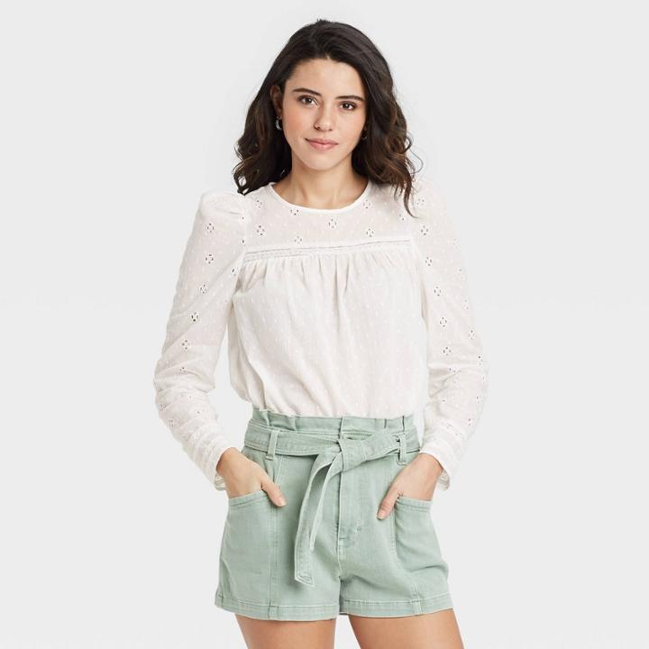 Women's Puff Long Sleeve Eyelet Top - Universal Thread White