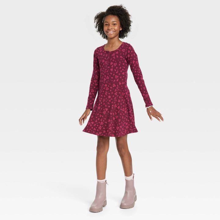 Girls' Henley Long Sleeve Knit Dress - Art Class Maroon Floral