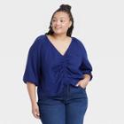Women's Plus Size 3/4 Sleeve Ruched Front Top - Ava & Viv Navy Blue
