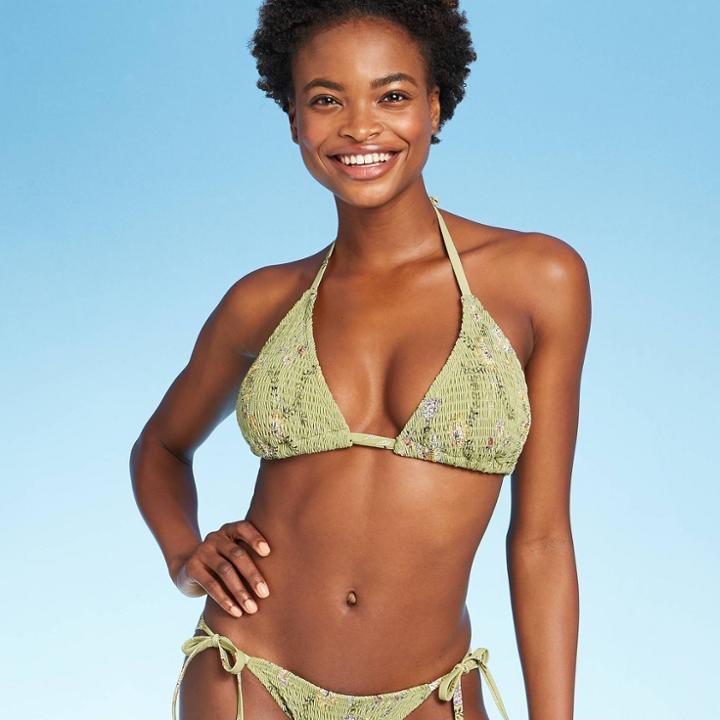 Women's Smocked Triangle Bikini Top - Xhilaration Olive Floral Print D/dd Cup, Women's, Green