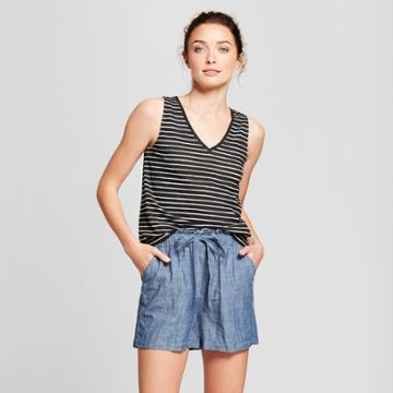 Women's Striped Loose Fit V-neck Tank - A New Day Black/white