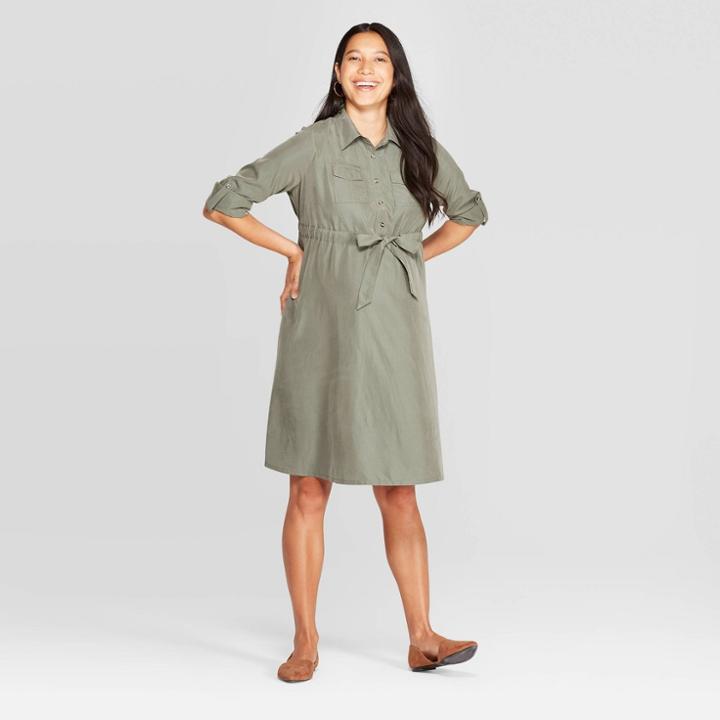 Maternity Long Sleeve Sandwashed Shirtdress - Isabel Maternity By Ingrid & Isabel Olive Xxl, Women's, Green