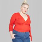 Women's Plus Size Striped Long Sleeve Faux Wrap V-neck Top - Wild Fable Red
