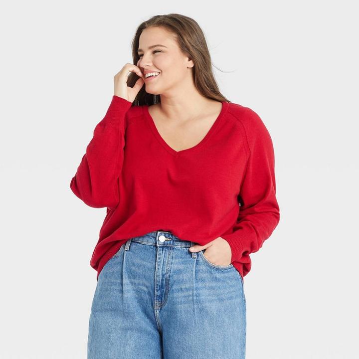 Women's Plus Size Lightweight V-neck Pullover Sweater - A New Day Red