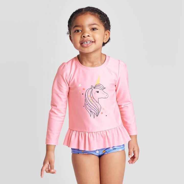 Toddler Girls' Unicorn Star Long Sleeve Rash Guard Set - Cat & Jack Pink 12m, Toddler Girl's