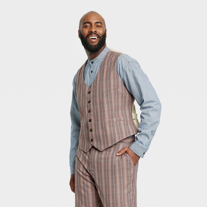 Houston White Adult Tailored Vest - Brown Plaid