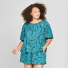 Women's Plus Size Printed Soft Woven Short Sleeve Top - Ava & Viv Teal X, Blue