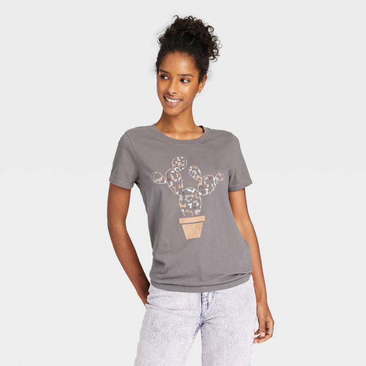 Doe. Women's Cactus Short Sleeve Graphic T-shirt - Gray