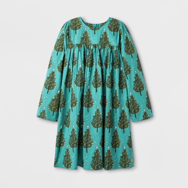 Happy By Pink Chicken Girls' Holiday Tree Woven A Line Dress - Light Teal