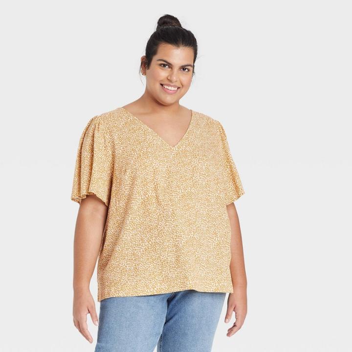 Women's Plus Size Short Sleeve Blouse - Ava & Viv Rust Leopard Print X, Red