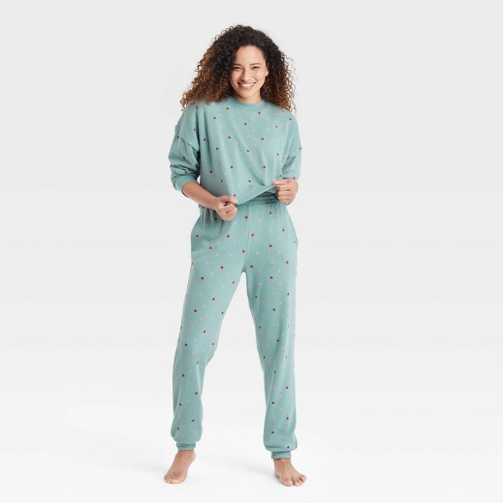 Women's Heart Print Fleece Cropped Lounge Sweatshirt - Colsie Blue