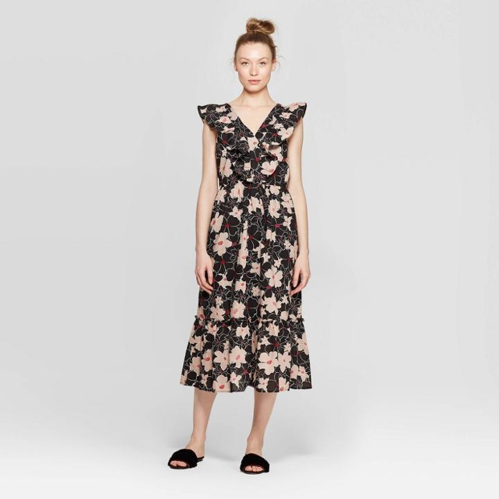 Women's Floral Print Sleeveless Ruffle V-neck Loose Fit Maxi Dress - Who What Wear Black
