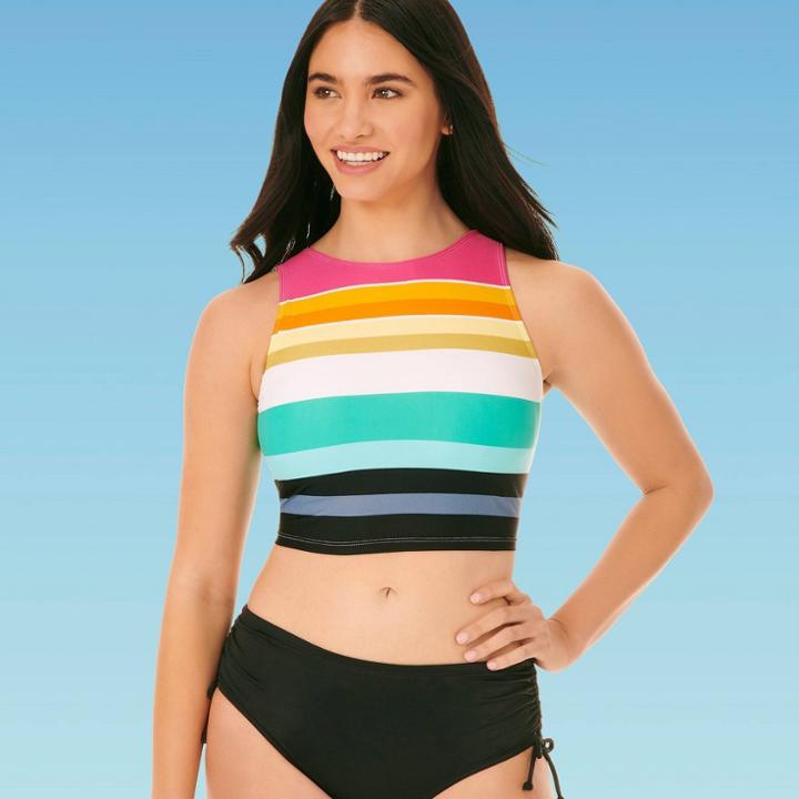 Women's Slimming Control High Neck Bikini Crop Top - Beach Betty By Miracle Brands Multi Stripe S, Women's, Size: Small,