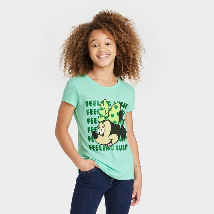 Girls' Disney Minnie Mouse Lucky St. Patrick's Day Short Sleeve Graphic T-shirt - Aqua Green