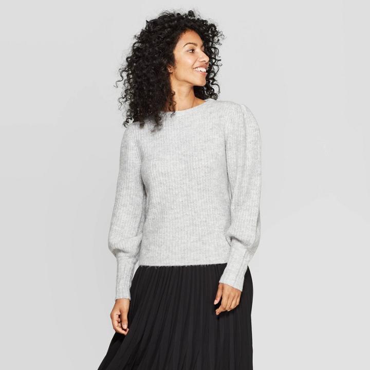 Women's Puff Sleeve Crewneck Pullover Sweater - A New Day Gray